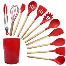 Kit Utensílios de Cozinha Silicone com Cabo de Madeira - 12 Peças