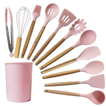 Kit Utensílios de Cozinha Silicone com Cabo de Madeira - 12 Peças